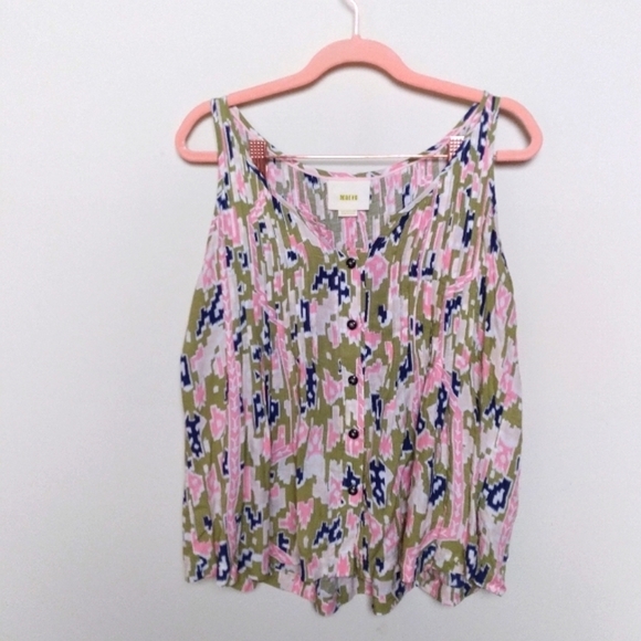 Anthropologie Maeve Ikat Print Pleated Button Front Sleeveless Tank Top Size 0 - Picture 2 of 9